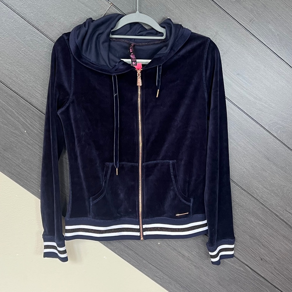 Betsey Johnson Performance Track Velvet‎ Hoodie Jacket Navy Zip Up NWT Size M